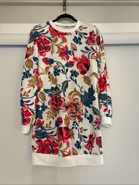 SHEIN White Crewneck Sweater with Pink, Teal & Brown Floral Print